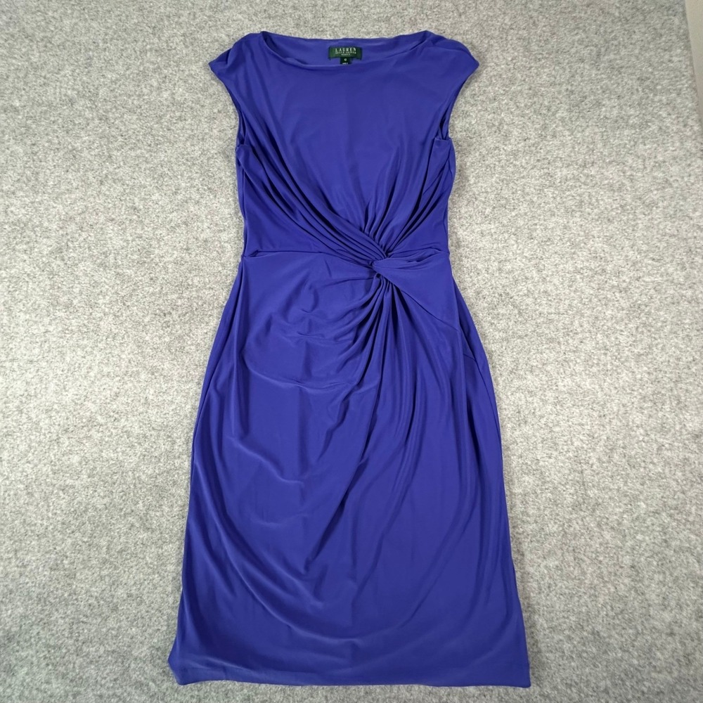 Lauren Ralph Lauren Sheath Dress Womens 10 Purple Ruched Knot Front Cap Sleeve